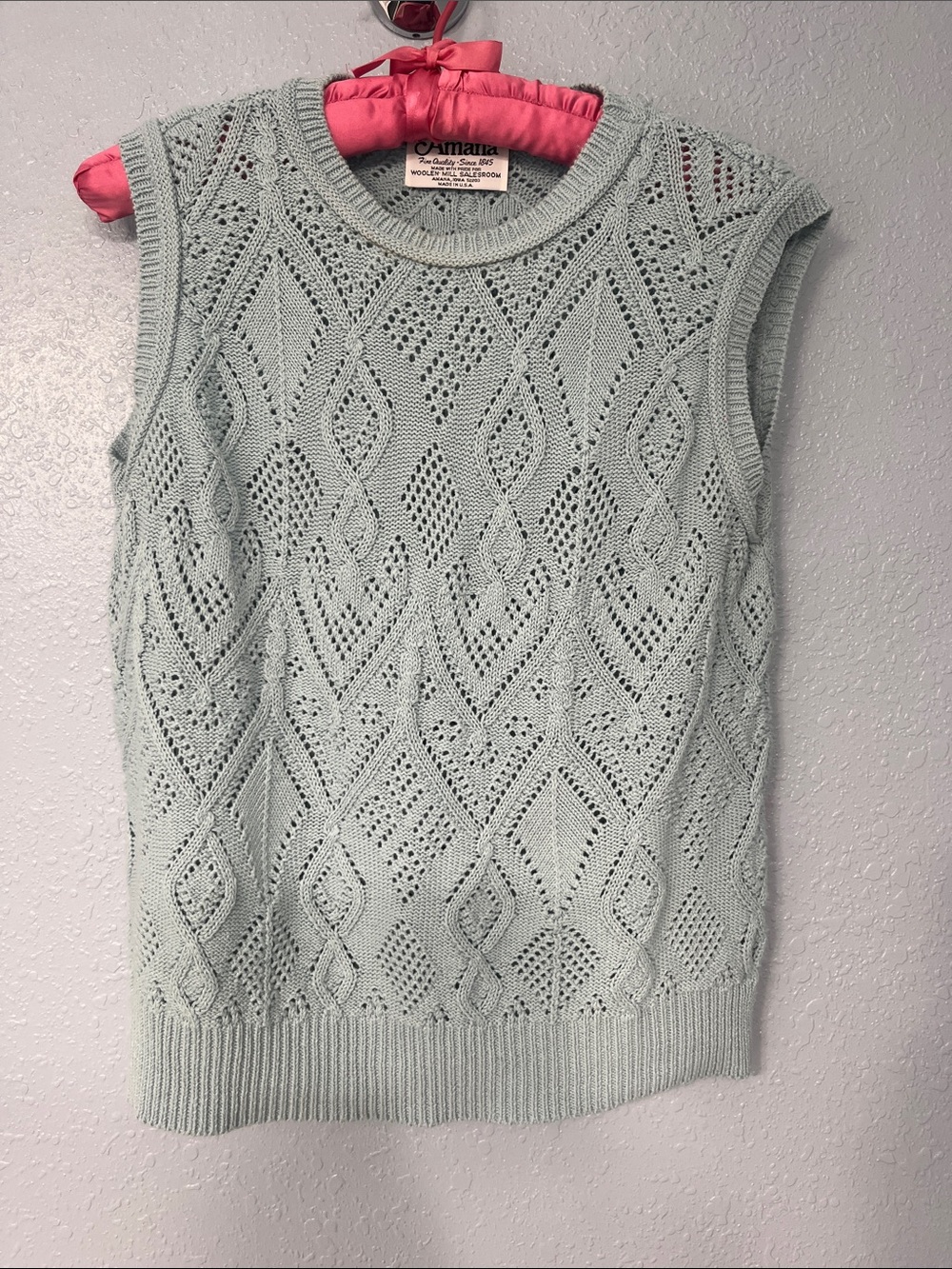 Vintage Robin egg blue Amana Woolen Mills cotton open work sweater vest
